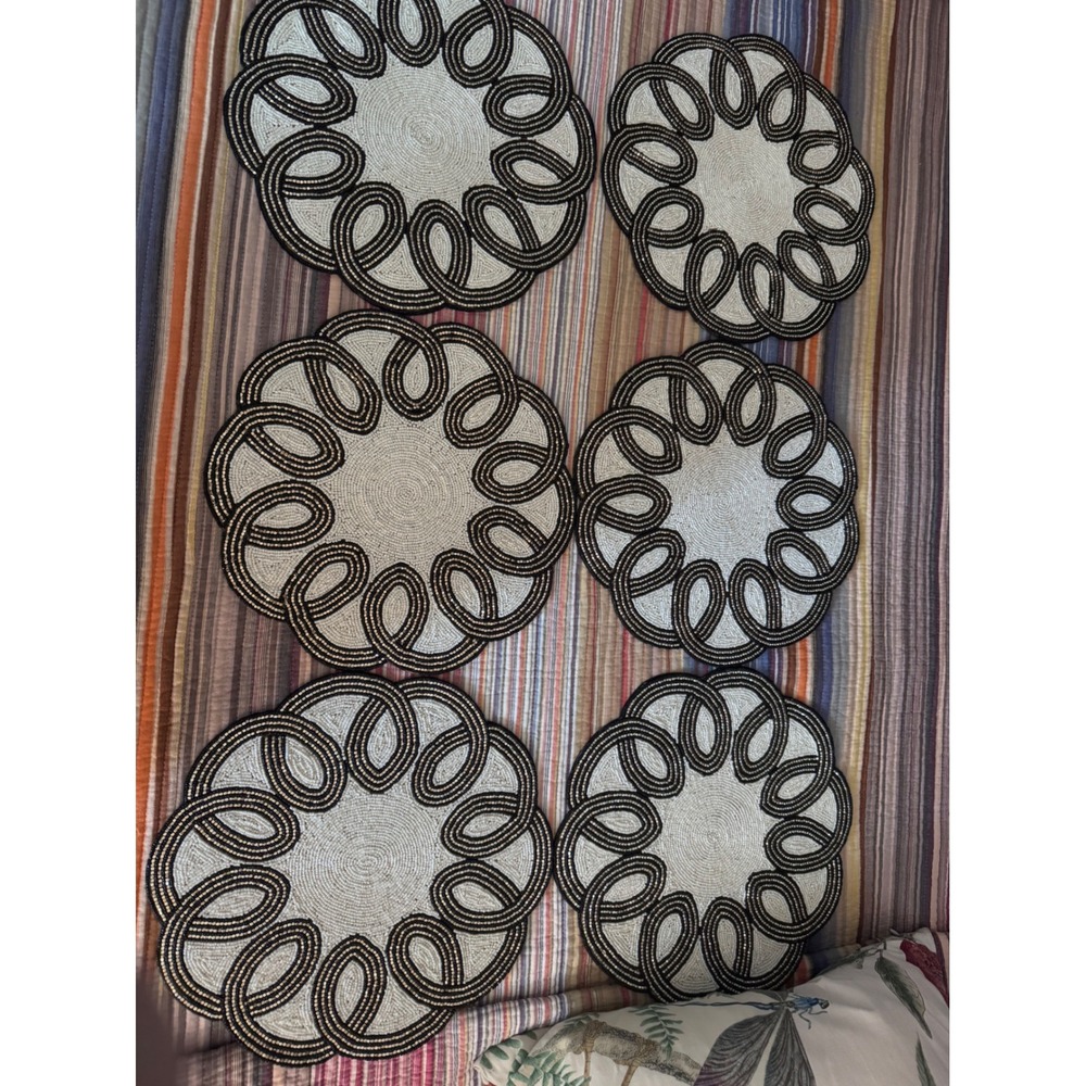 MacKenzie-Childs Beaded Placemats Set of 6 Black White Gold Round 15" Charger